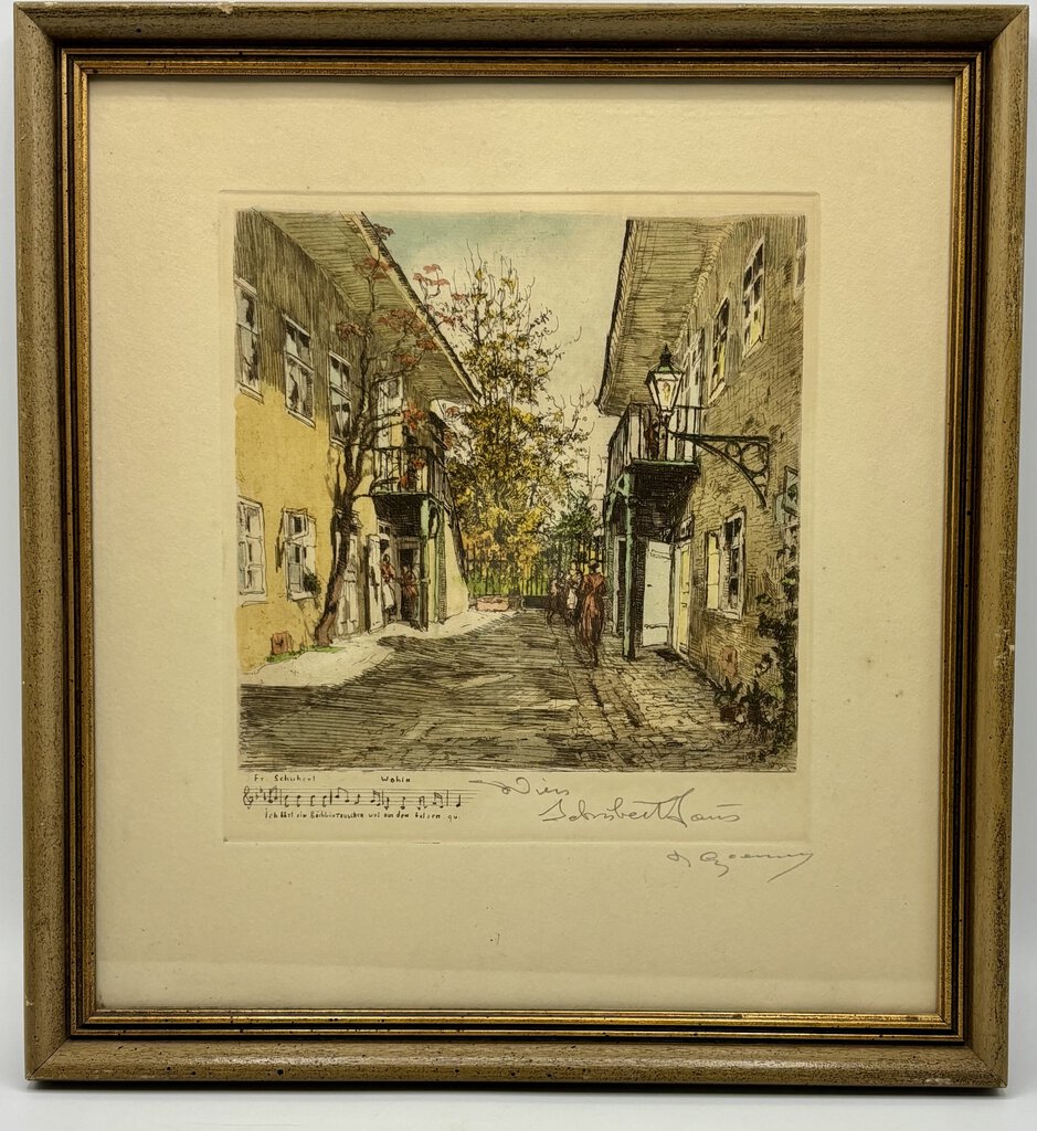 Vtg. Hand Colored Etching of Franz Schubert House w/ Stanza /j