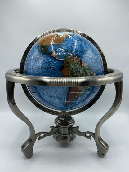 Lapis Lazuli World Globe 13” Inlaid Semi-Precious Gemstones Metal Stand w/Compass /rw