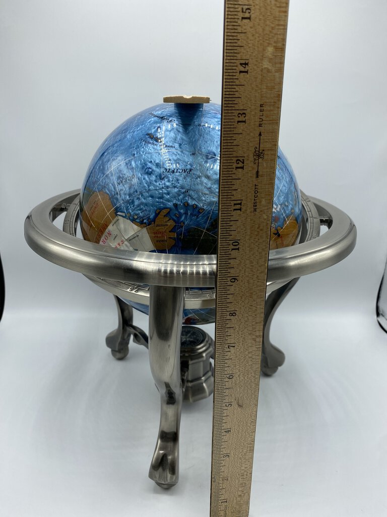 Lapis Lazuli World Globe 13” Inlaid Semi-Precious Gemstones Metal Stand w/Compass /rw