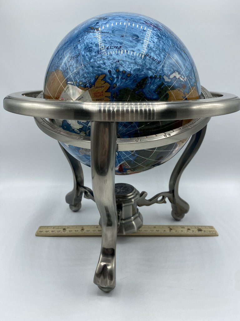 Lapis Lazuli World Globe 13” Inlaid Semi-Precious Gemstones Metal Stand w/Compass /rw