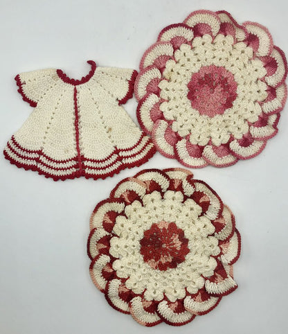 Vintage 3pc Hand Crocheted Cotton Pot Holders/ Trivets /b