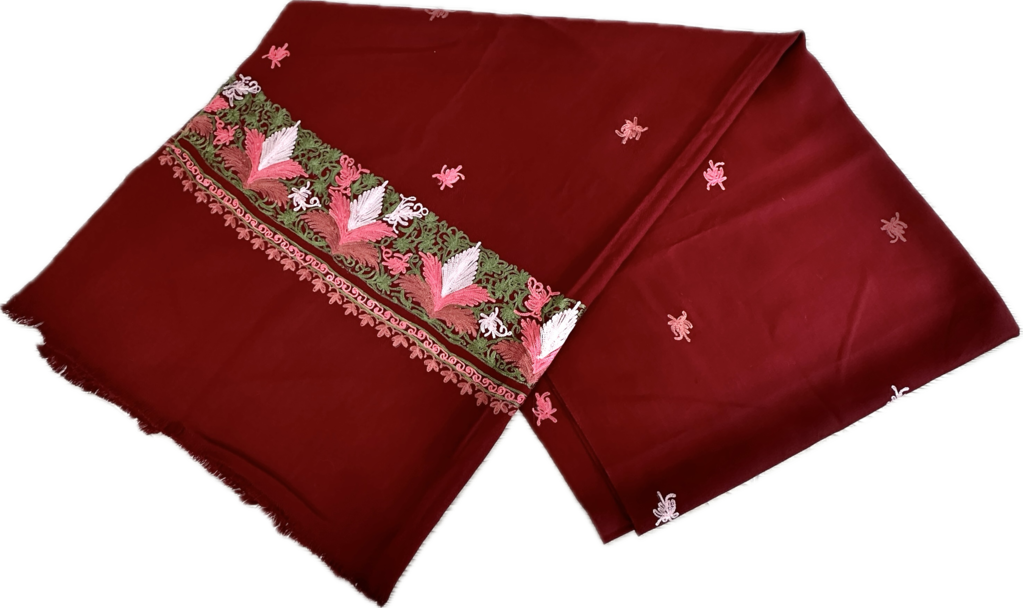 Rush-Ke Kashmir 100% Wool Burgundy Embroidered Scarf/Wrap 88”x 36” /cb