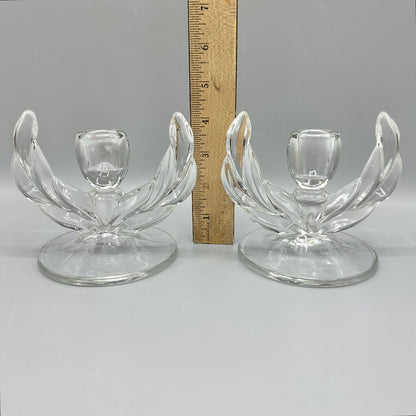 Pair Of Vintage Indiana Glass Willow Clear Single Light Candlesticks /cb