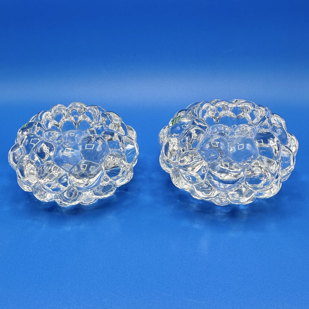 Vintage Pair Of Orrefors Crystal Hallon Raspberry Votive Candle Holders Sweden /cb