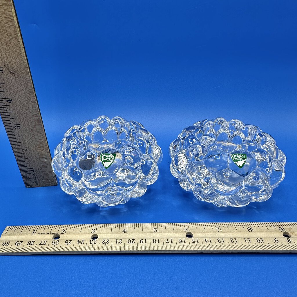 Vintage Pair Of Orrefors Crystal Hallon Raspberry Votive Candle Holders Sweden /cb