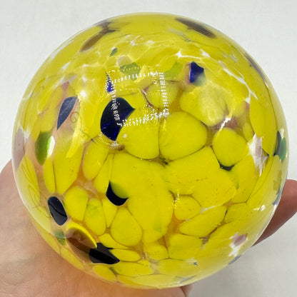 Studio Art Glass Handblown Yellow Speckled 4” Hanging Ornament, Witch Ball, Orb, Sphere w/Stand /cb