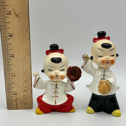 Vintage Japanese Baseball Playing Children Salt and Pepper Shaker Set-Mid Century Ceramic Collectible /cb