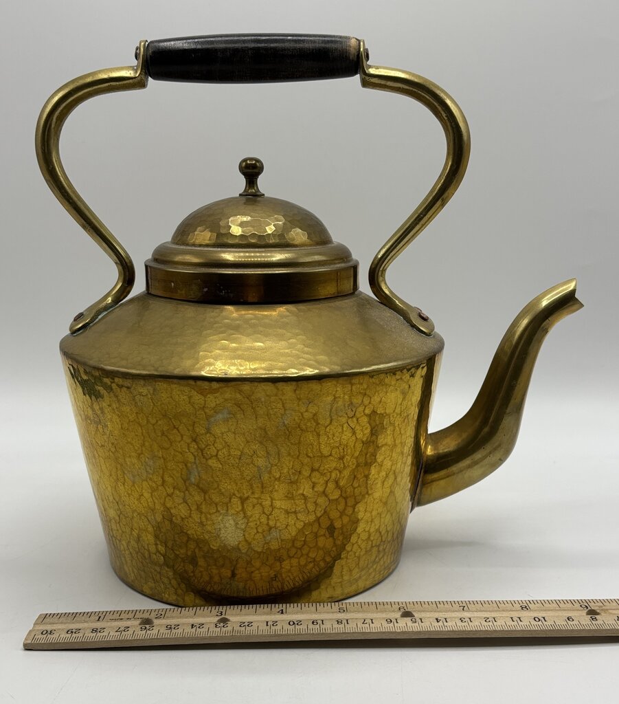 Vintage Made in Italy Hammered Brass Teapot with Wood Handle /j