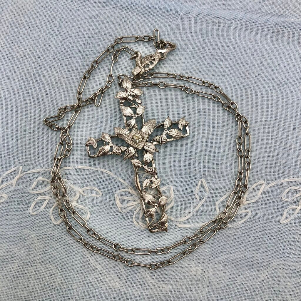 Vintage JHP Rhodium Plated Cross Pendant Necklace /b