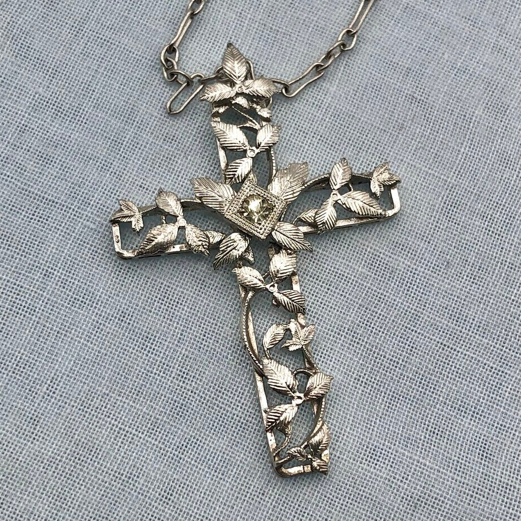 Vintage JHP Rhodium Plated Cross Pendant Necklace /b