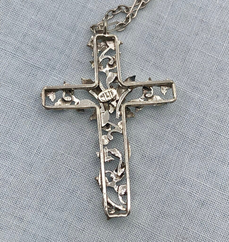 Vintage JHP Rhodium Plated Cross Pendant Necklace /b