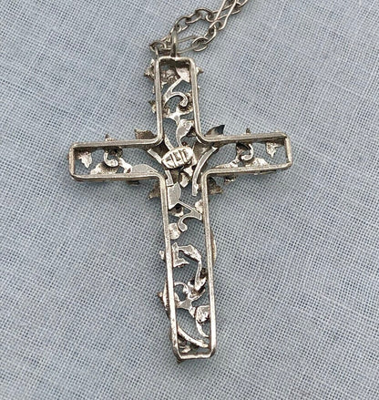 Vintage JHP Rhodium Plated Cross Pendant Necklace /b