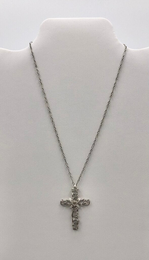 Vintage JHP Rhodium Plated Cross Pendant Necklace /b