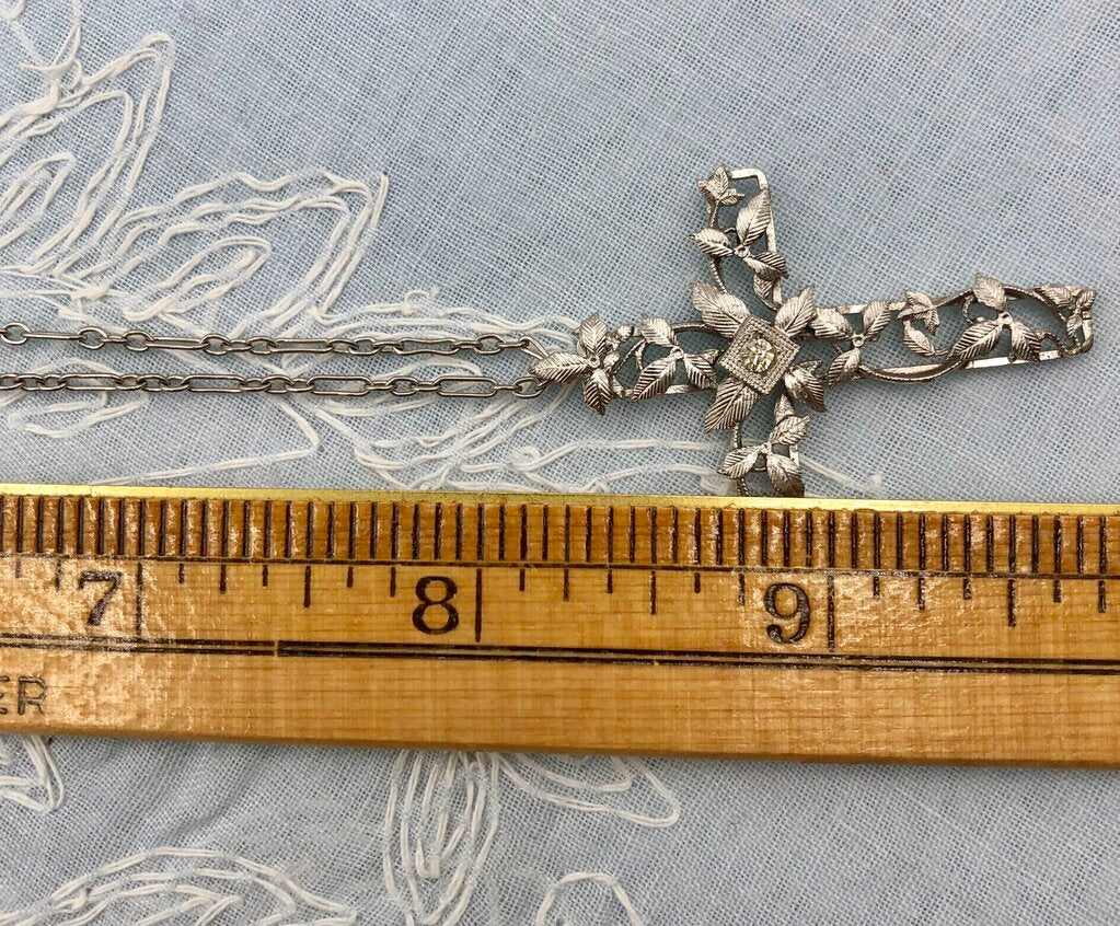 Vintage JHP Rhodium Plated Cross Pendant Necklace /b
