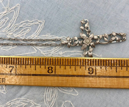 Vintage JHP Rhodium Plated Cross Pendant Necklace /b