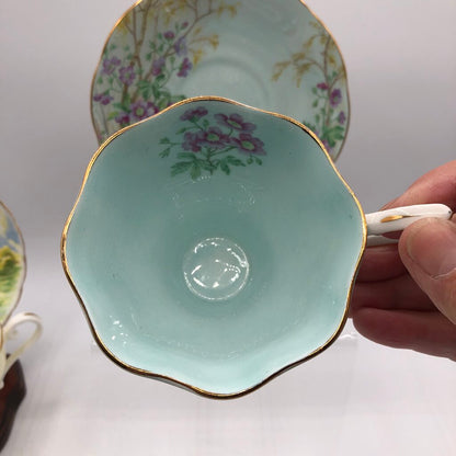 Vtg Royal Albert Wild Geranium & Ansley Yellow Primrose Teacup & Saucers /b