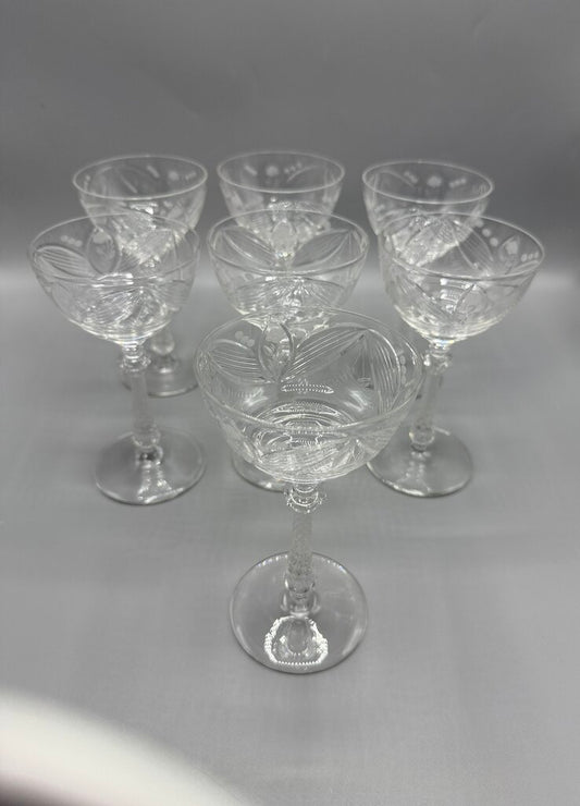 Libbey Rock Sharpe Crystal Etched Floral Champagne Glasses/Tall Sherbet set of 7 /rw