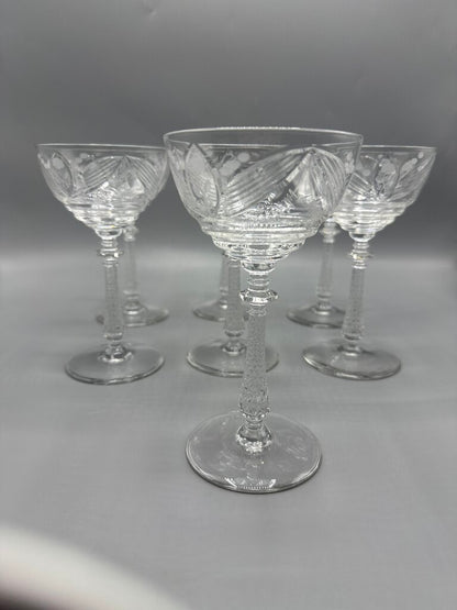 Libbey Rock Sharpe Crystal Etched Floral Champagne Glasses/Tall Sherbet set of 7 /rw