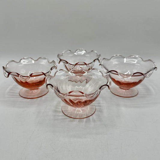 Set of 4 Vintage Pink Ruffled Footed Optic Sherbet/Dessert Bowls /cb