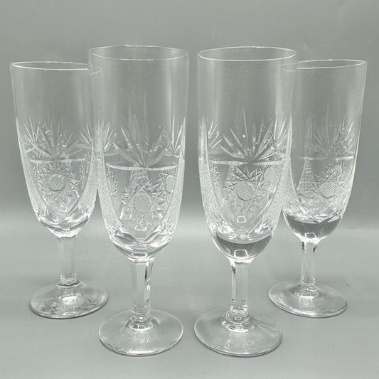 Set Of 4 Vintage Cut Crystal Short Stem Champagne Flutes 6 3/4” Fan, Crosshatch, Starburst /cb