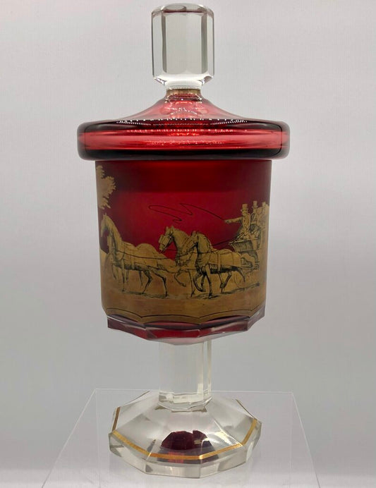 Impressive Heavy Gilded Bohemian Ruby Glass Pedestal Jar w/ Lid /b