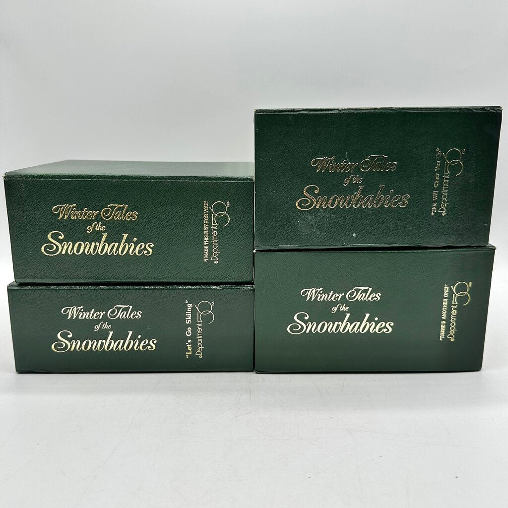 Lot of 4 Department 56 Vintage Winter Tales Of The Snowbabies Figurines w/Boxes Let’s Go Skiing, There’s Another One, I Made This Just For You, This Will Cheer You Up /cb