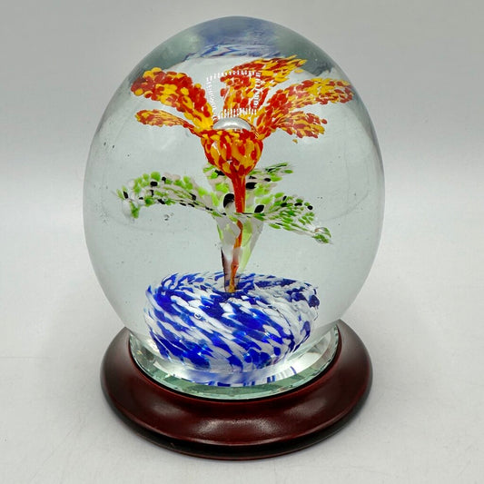 Art Glass Murano Style Potted Plant Bauble Paperweight w/Mirror Base /cb