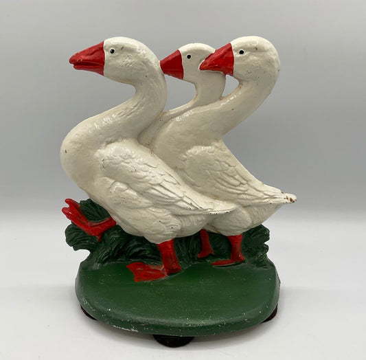 Vintage Painted Cast Iron Door Stop - 3 Walking White Ducks /s