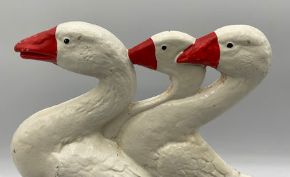 Vintage Painted Cast Iron Door Stop - 3 Walking White Ducks /s