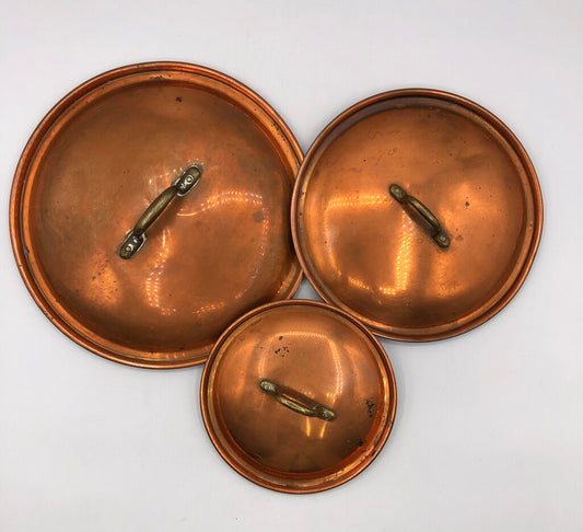 3 Vintage Copper Pot Lids Sm/ Med/ Lg. /b