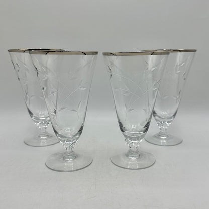 Set Of 4 Vintage Fostoria Bridal Belle Iced Tea Glasses Cut Leaves Platinum Trim Stem 6072 /cb