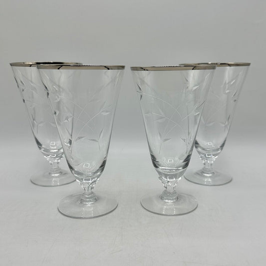 Set Of 4 Vintage Fostoria Bridal Belle Iced Tea Glasses Cut Leaves Platinum Trim Stem 6072 /cb