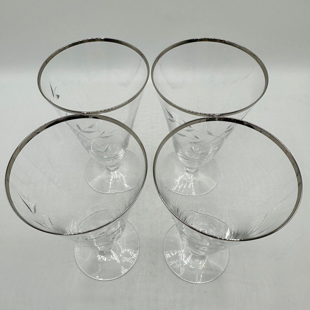 Set Of 4 Vintage Fostoria Bridal Belle Iced Tea Glasses Cut Leaves Platinum Trim Stem 6072 /cb
