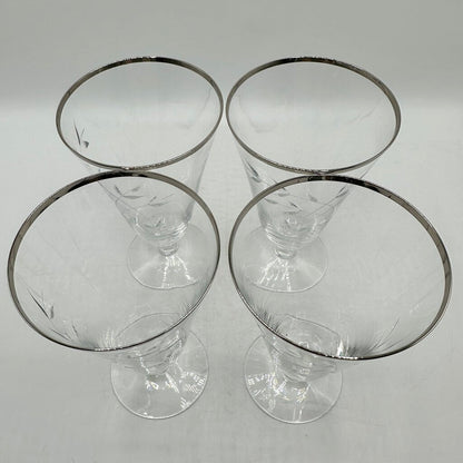 Set Of 4 Vintage Fostoria Bridal Belle Iced Tea Glasses Cut Leaves Platinum Trim Stem 6072 /cb