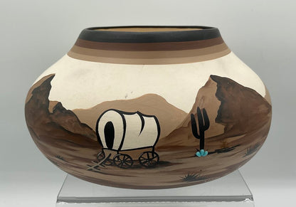 Vintage Studio Art Pottery - Native American Vase - Painted Wagon, Cactus, Mountains - Signed “PG” /s