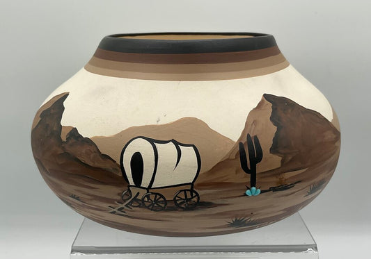 Vintage Studio Art Pottery - Native American Vase - Painted Wagon, Cactus, Mountains - Signed “PG” /s
