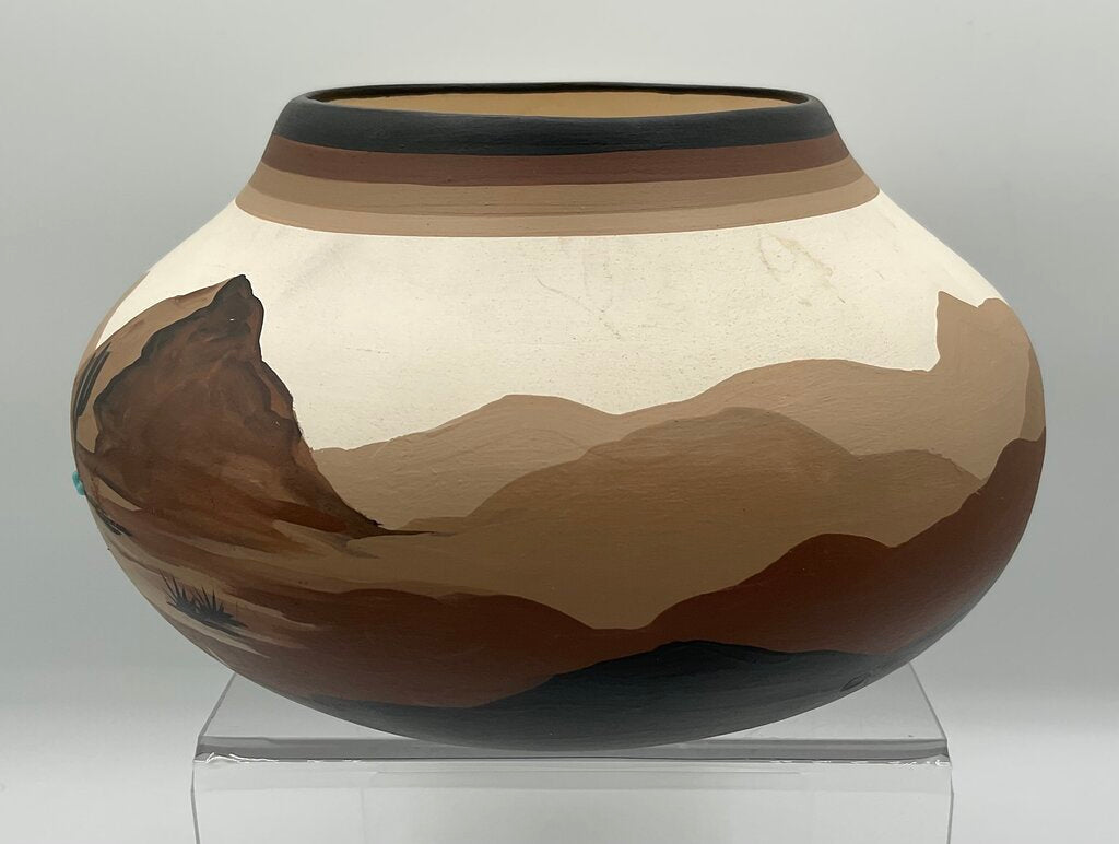 Vintage Studio Art Pottery - Native American Vase - Painted Wagon, Cactus, Mountains - Signed “PG” /s