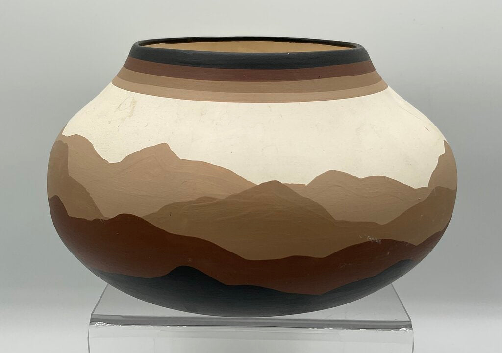 Vintage Studio Art Pottery - Native American Vase - Painted Wagon, Cactus, Mountains - Signed “PG” /s