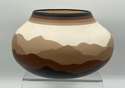 Vintage Studio Art Pottery - Native American Vase - Painted Wagon, Cactus, Mountains - Signed “PG” /s