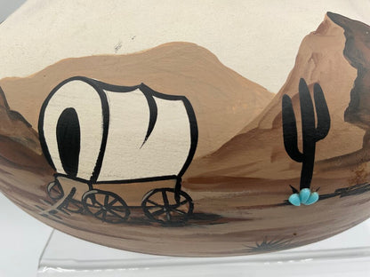 Vintage Studio Art Pottery - Native American Vase - Painted Wagon, Cactus, Mountains - Signed “PG” /s