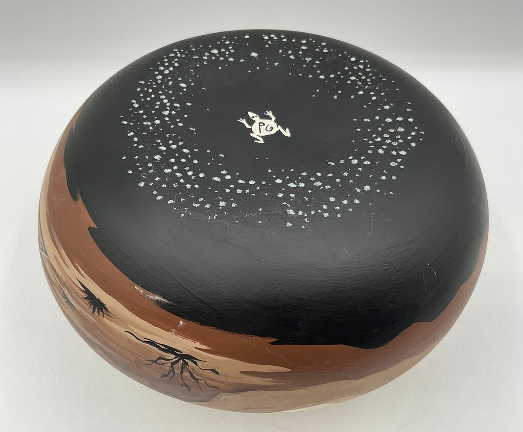 Vintage Studio Art Pottery - Native American Vase - Painted Wagon, Cactus, Mountains - Signed “PG” /s