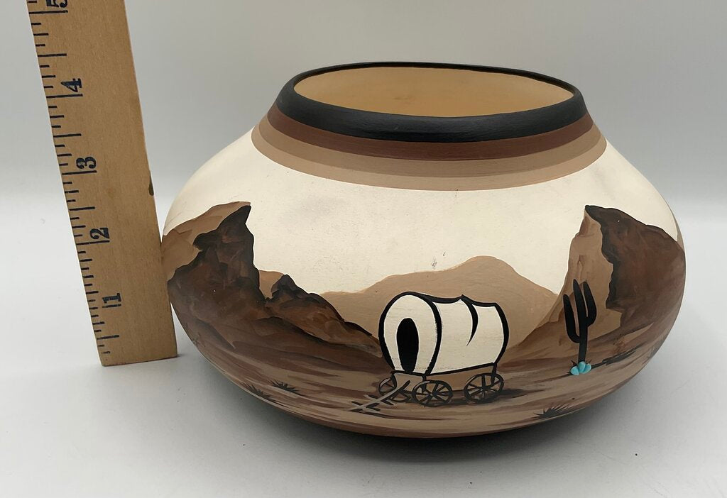 Vintage Studio Art Pottery - Native American Vase - Painted Wagon, Cactus, Mountains - Signed “PG” /s