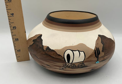 Vintage Studio Art Pottery - Native American Vase - Painted Wagon, Cactus, Mountains - Signed “PG” /s