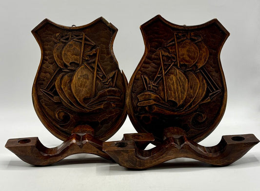 Vtg. Pair of Hand Carved Wooden Candle Sconce Nautical Theme /j