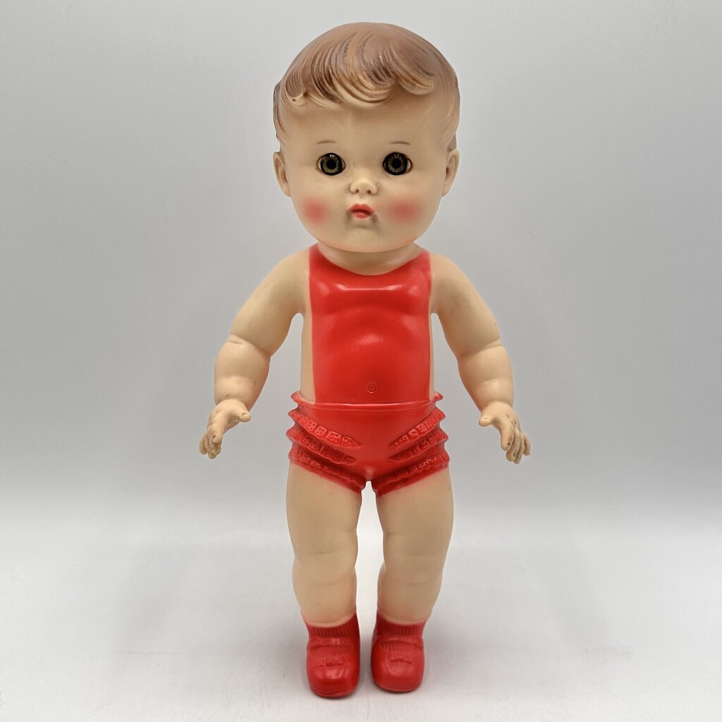 Vintage 1956 The Sun Rubber Company 10” Doll w/Red Molded Outfit & Shoes /cb