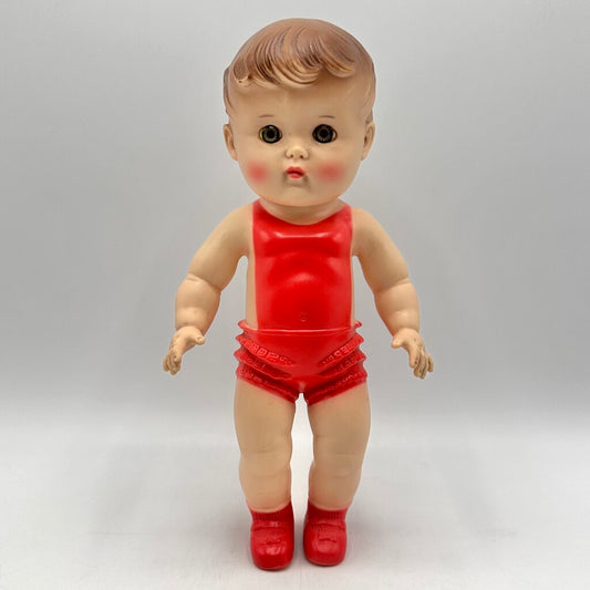 Vintage 1956 The Sun Rubber Company 10” Doll w/Red Molded Outfit & Shoes /cb