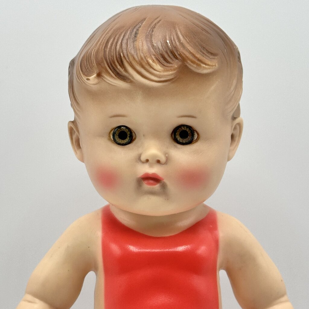 Vintage 1956 The Sun Rubber Company 10” Doll w/Red Molded Outfit & Shoes /cb