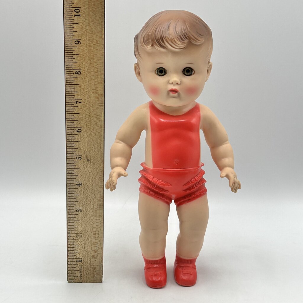 Vintage 1956 The Sun Rubber Company 10” Doll w/Red Molded Outfit & Shoes /cb