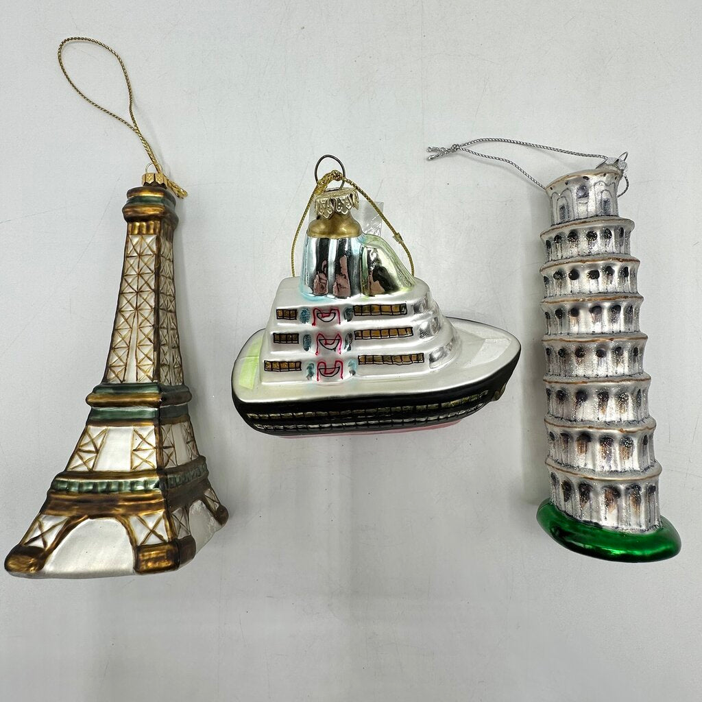 Set Of 3 Vintage Blown Glass Travel Themed Christmas Ornaments /cb