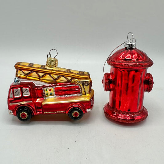 Vintage Fire Truck & Fire Hydrant Blown Glass Christmas Ornaments /cb